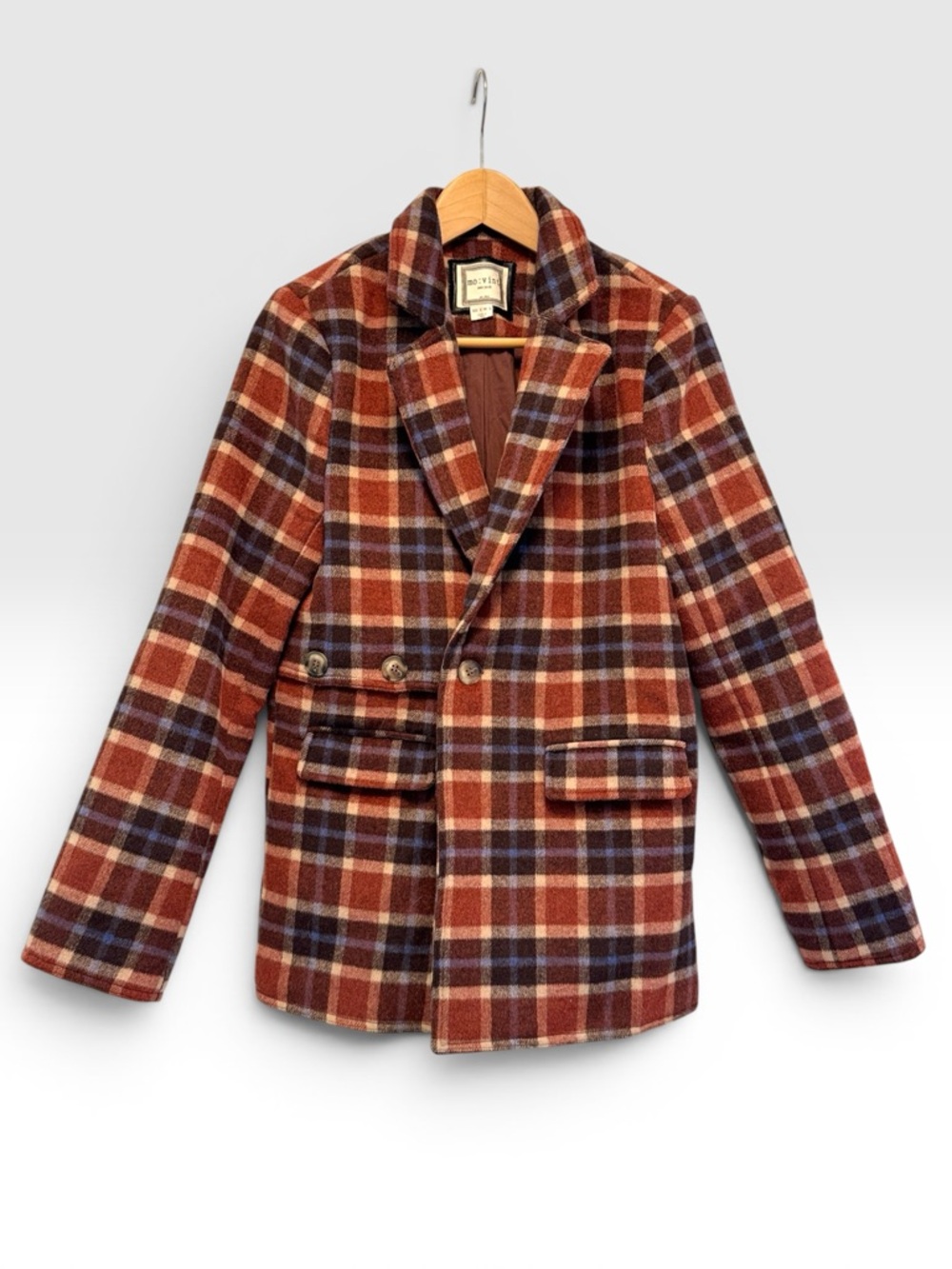Mo:Vint Plaid Wool Blend Blazer Jacket in Rust, Navy, brown + cream size Small